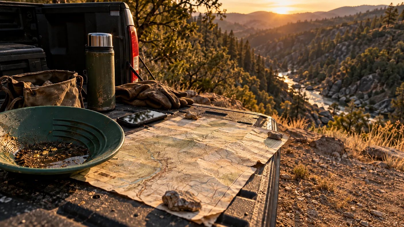 A gold pan holding coarse gold on a truck tailgate at sunset, beside a canvas poke, a thermos, work gloves, a phone and a topographic map weighted down with rocks, overlooking a river canyon