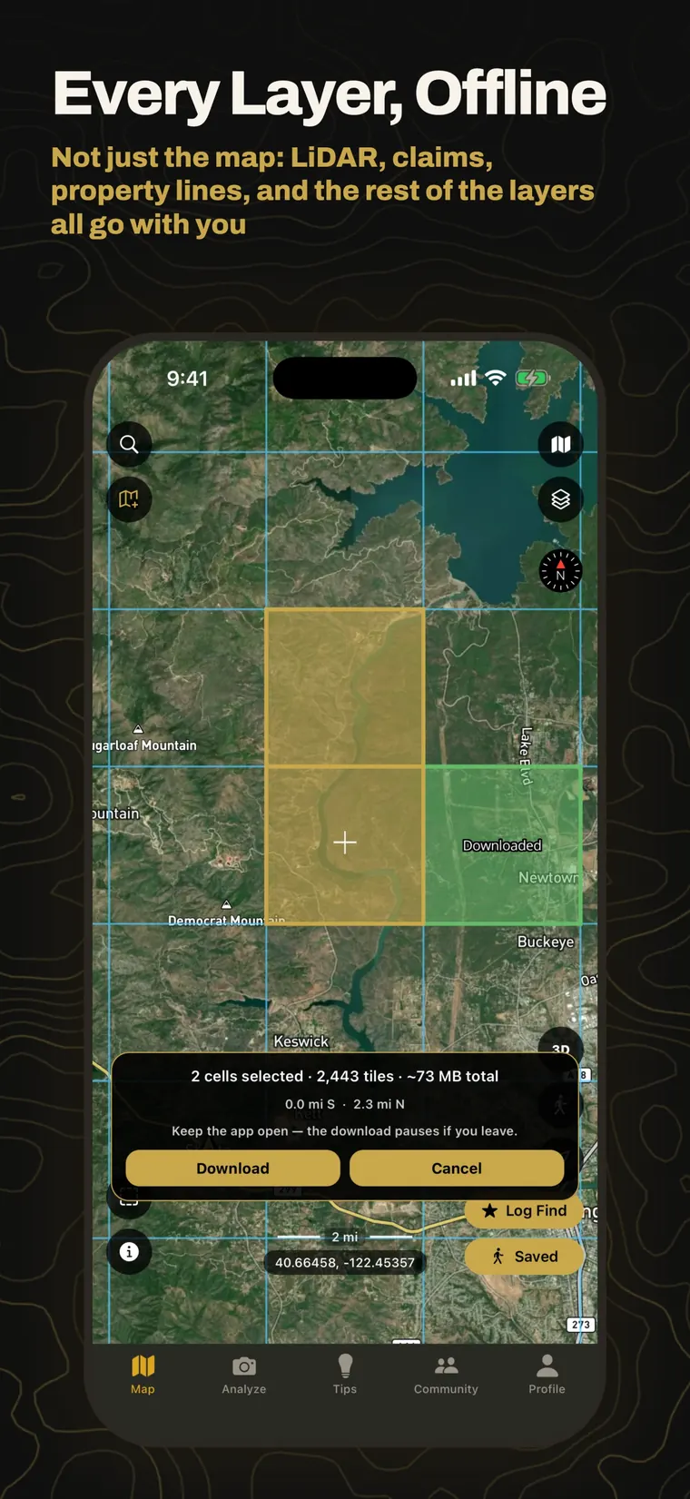Every layer, offline: not just the map, LiDAR, claims, property lines, and the rest of the layers all go with you