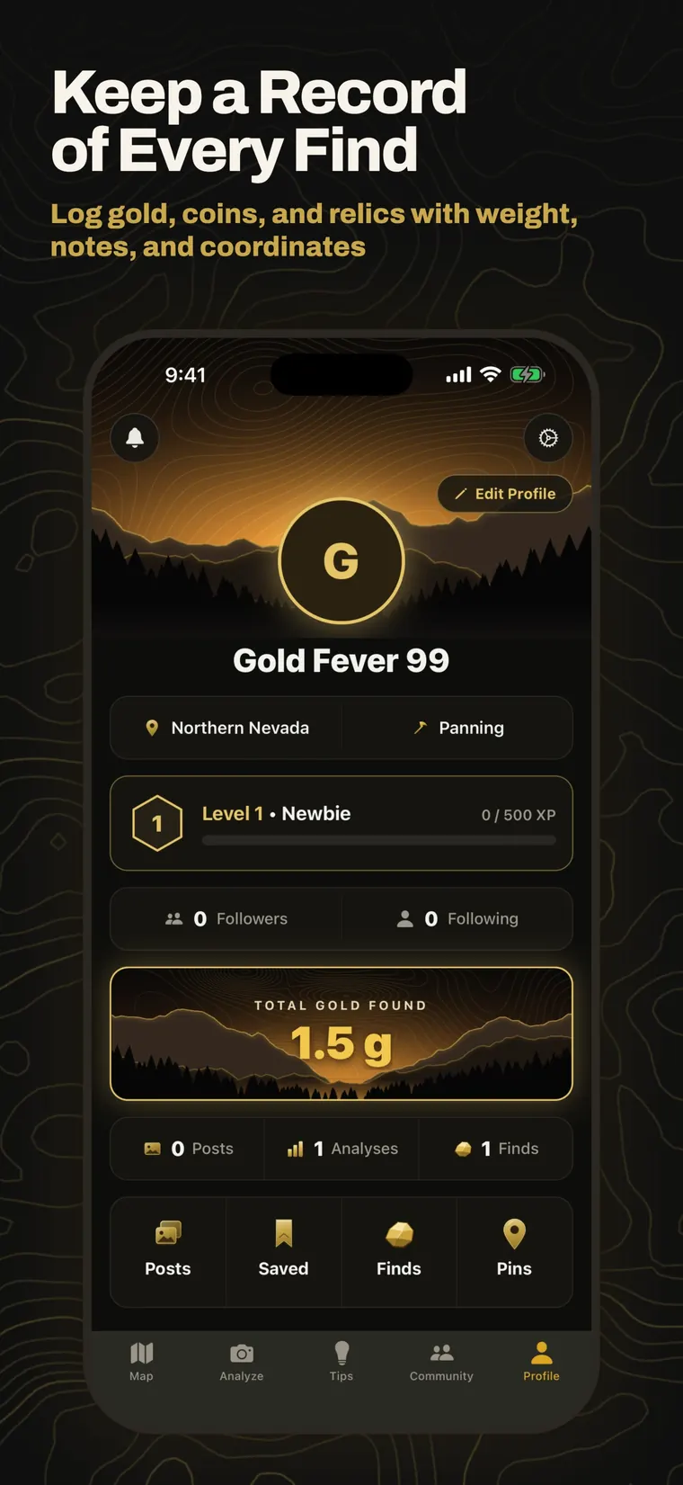 Keep a record of every find: log gold, coins, and relics with weight, notes, and coordinates