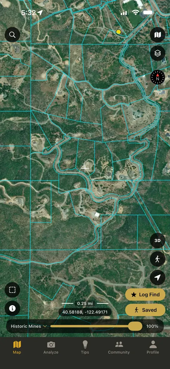 Parcel boundaries drawn over satellite imagery on rural ground west of Redding, California, with individual lots and their access roads clearly separated